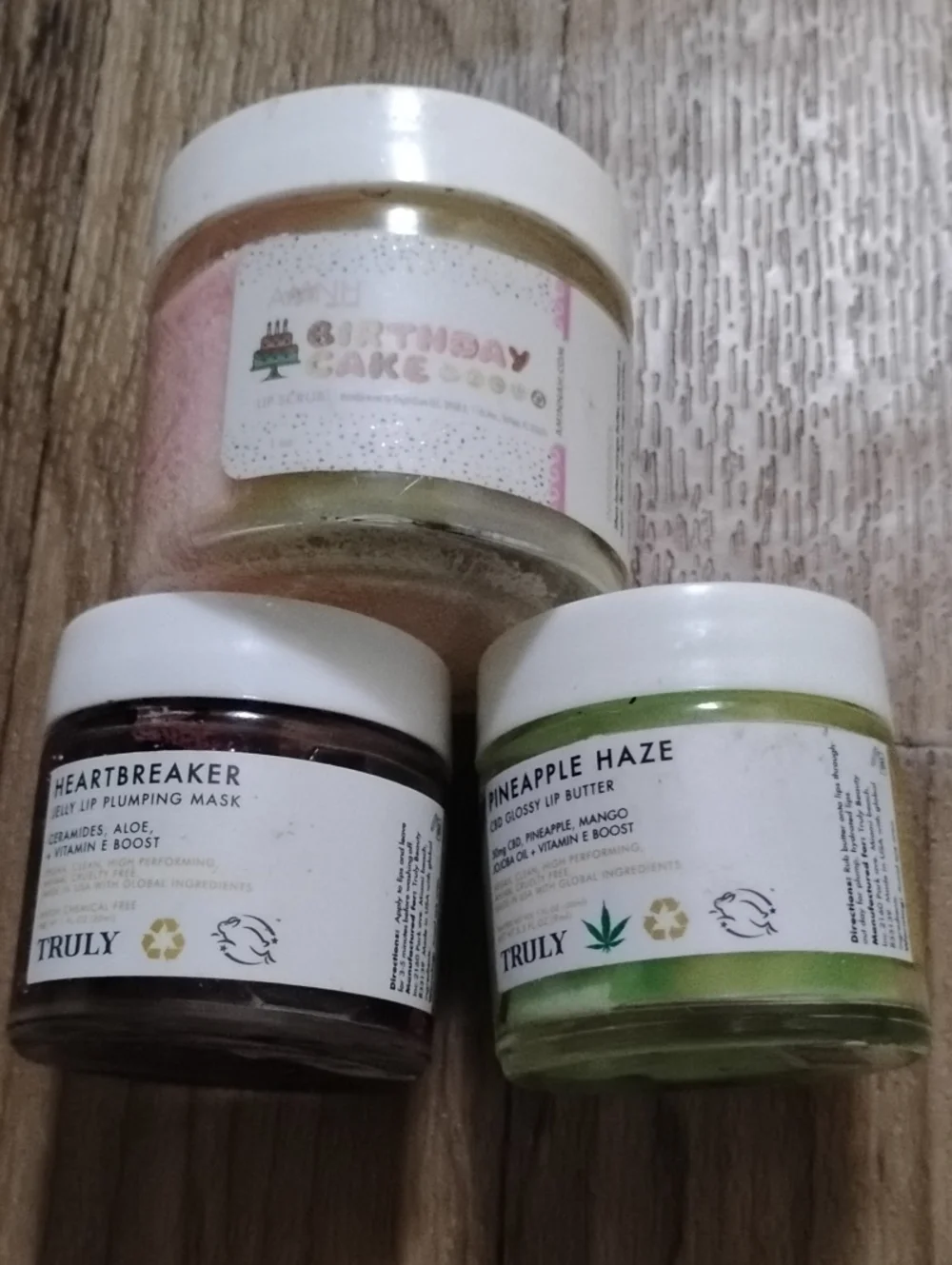TRULY Lip Care Trio with White Lids - Green, Pink, Brown Jars